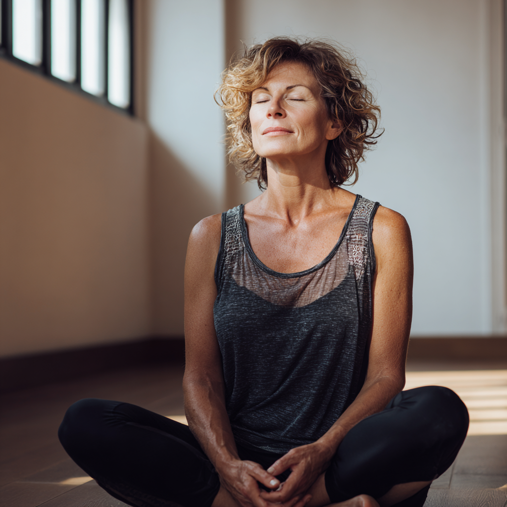 Middle-aged Hungarian couple practicing yoga together in a bright, peaceful studio setting